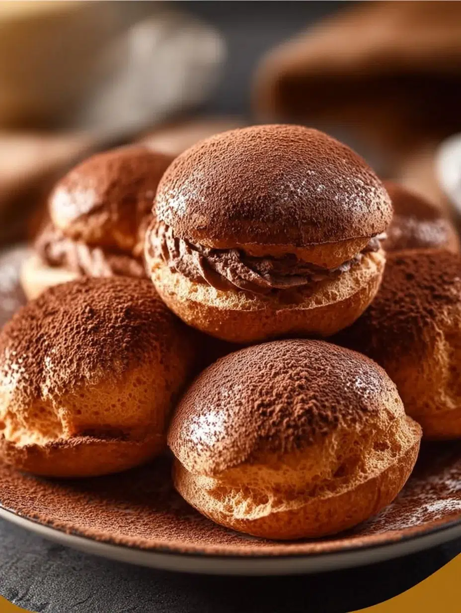 Delicious chocolate choux pastry buns ready to be enjoyed