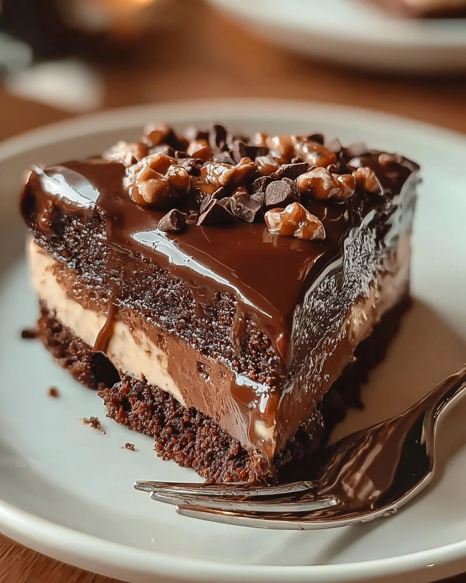 Delicious Chocolate Pecan Ooey Gooey Butter Cake with a rich chocolate topping