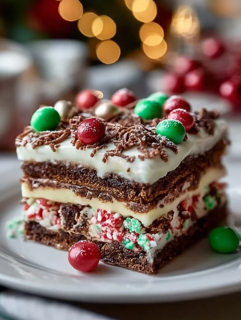 Festive Christmas Cookie Lasagna dessert layered with cookies and cream.
