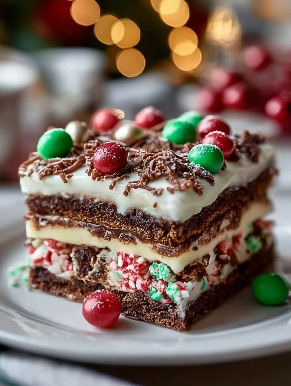 Festive Christmas Cookie Lasagna dessert layered with cookies and cream.
