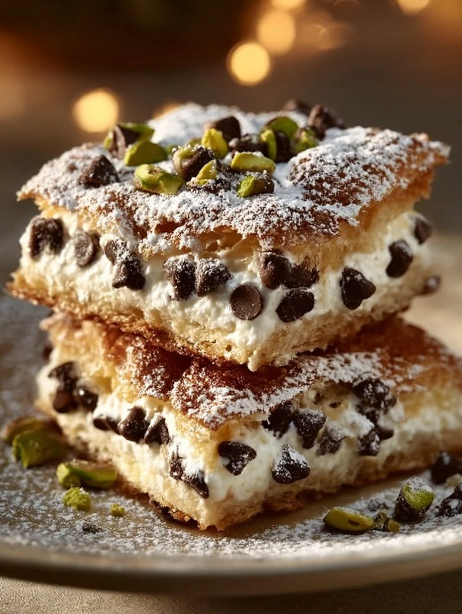 Delicious Classic Cannoli Squares topped with chocolate chips and powdered sugar