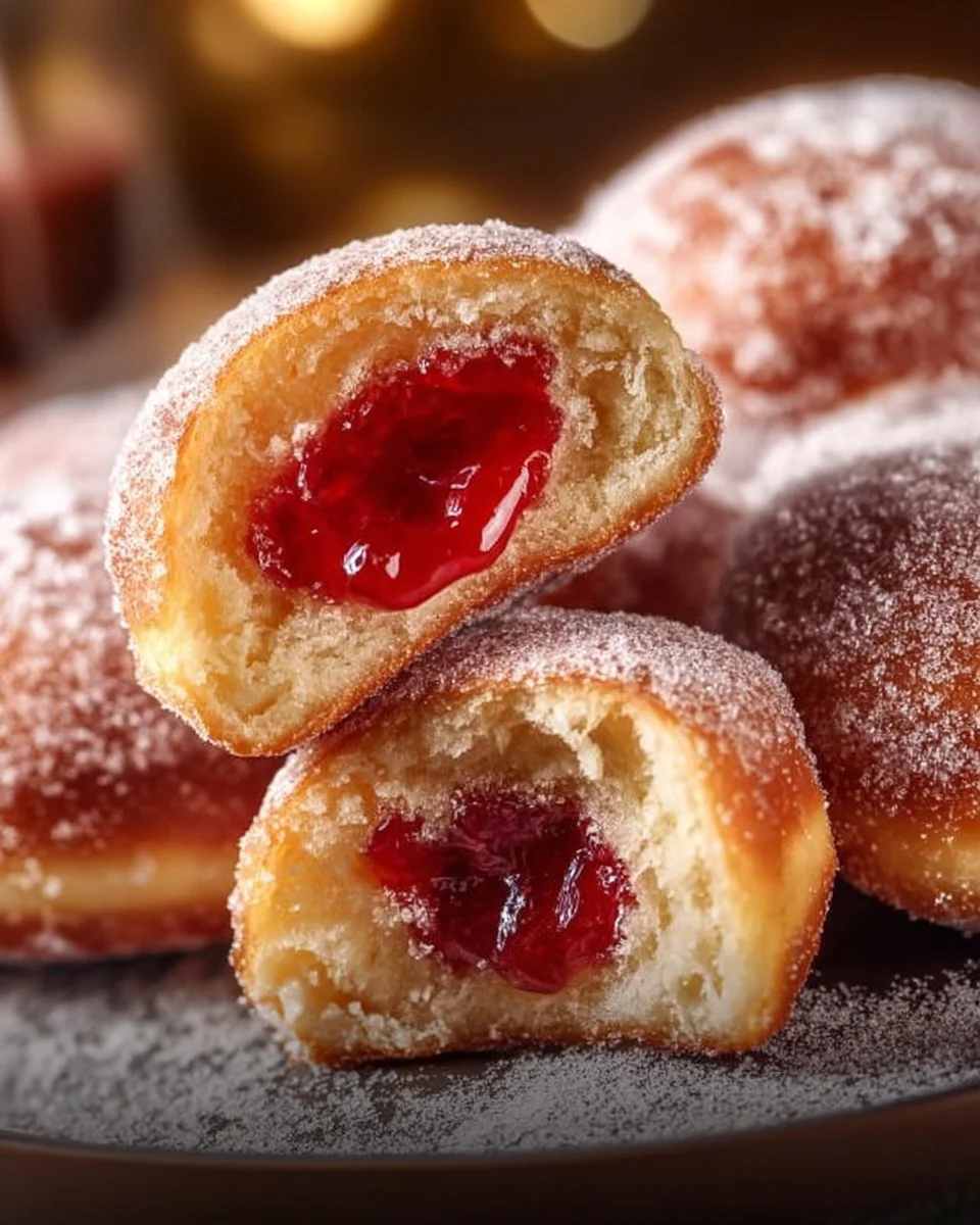 Fresh classic jelly donuts filled with fruit jelly and covered in powdered sugar