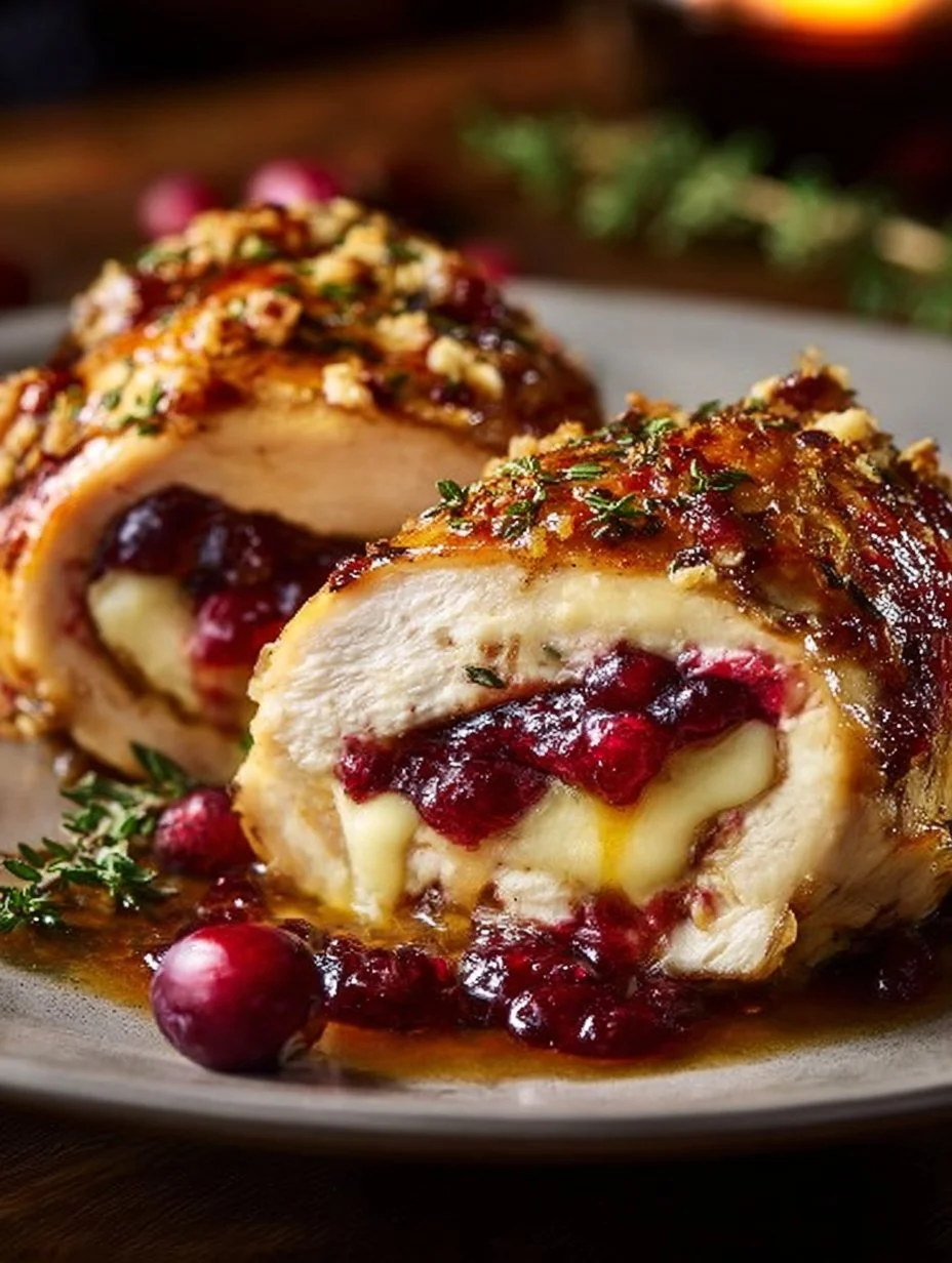 Plate of delicious Cranberry Brie Stuffed Chicken garnished with herbs