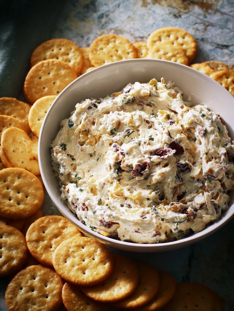 Delicious cranberry nut cream cheese dip served in a bowl with crackers.