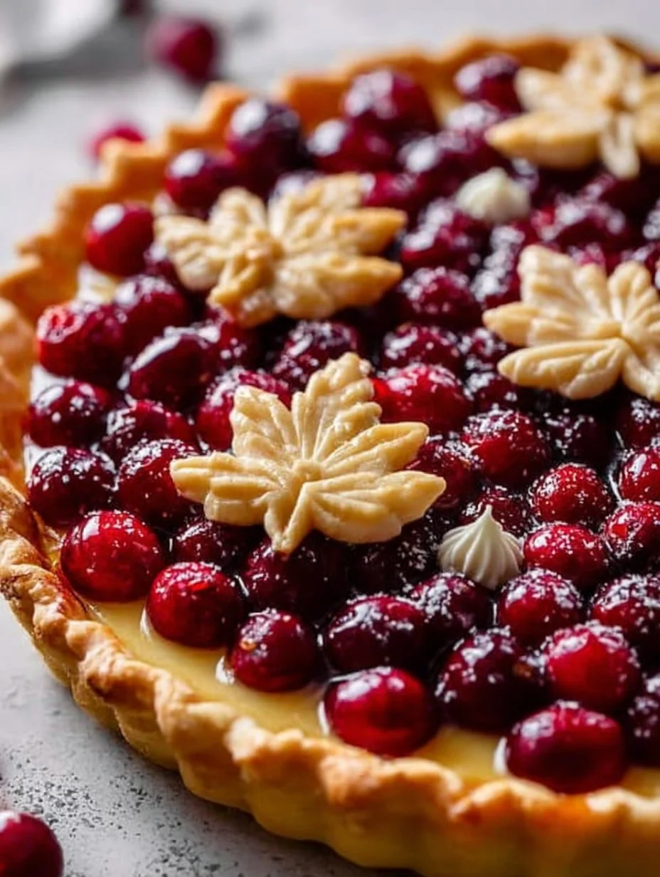 Cranberry Orange Custard Pie topped with fresh cranberries and orange zest