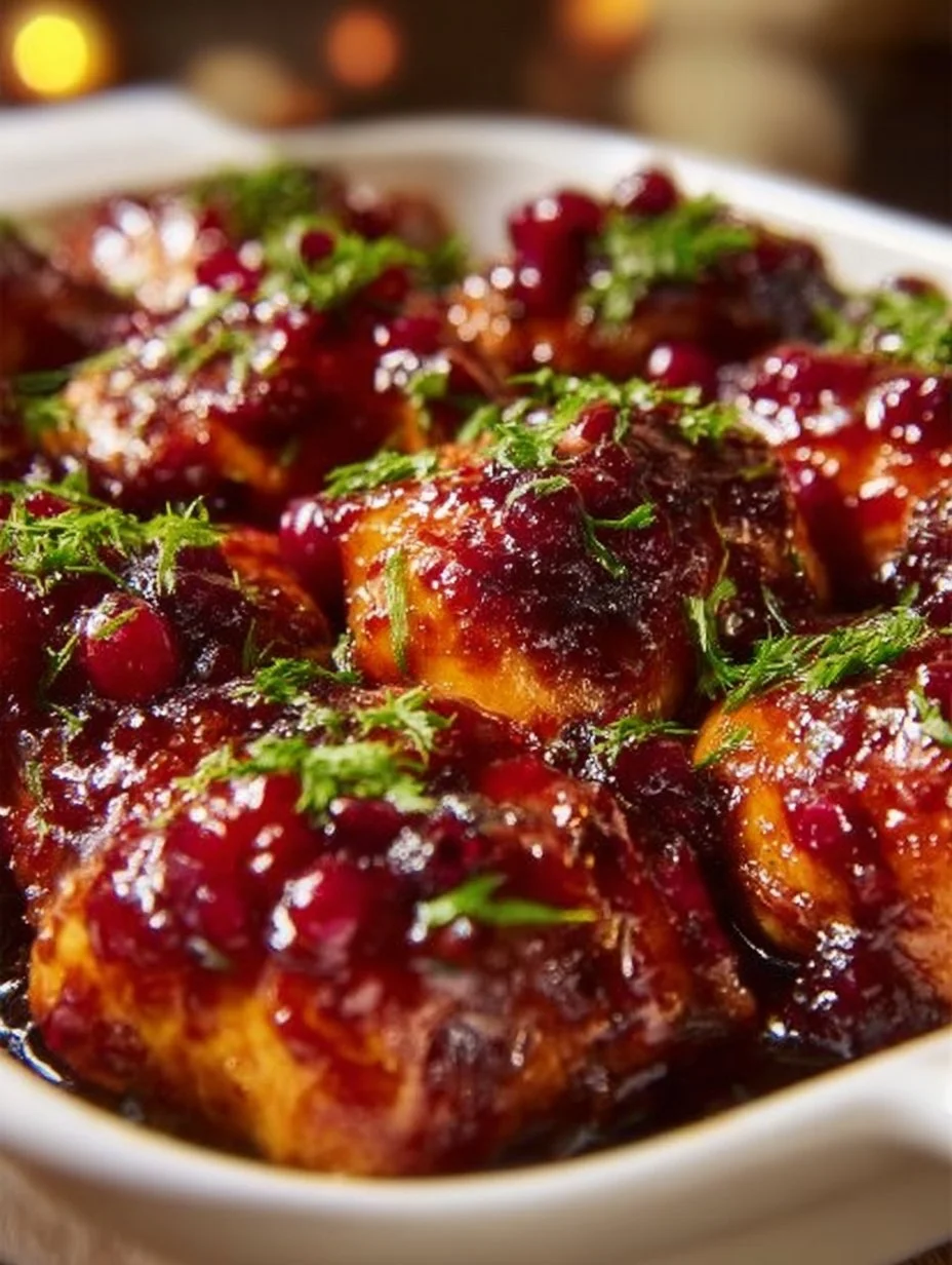Cranberry orange glazed chicken served with fresh herbs and garnishes