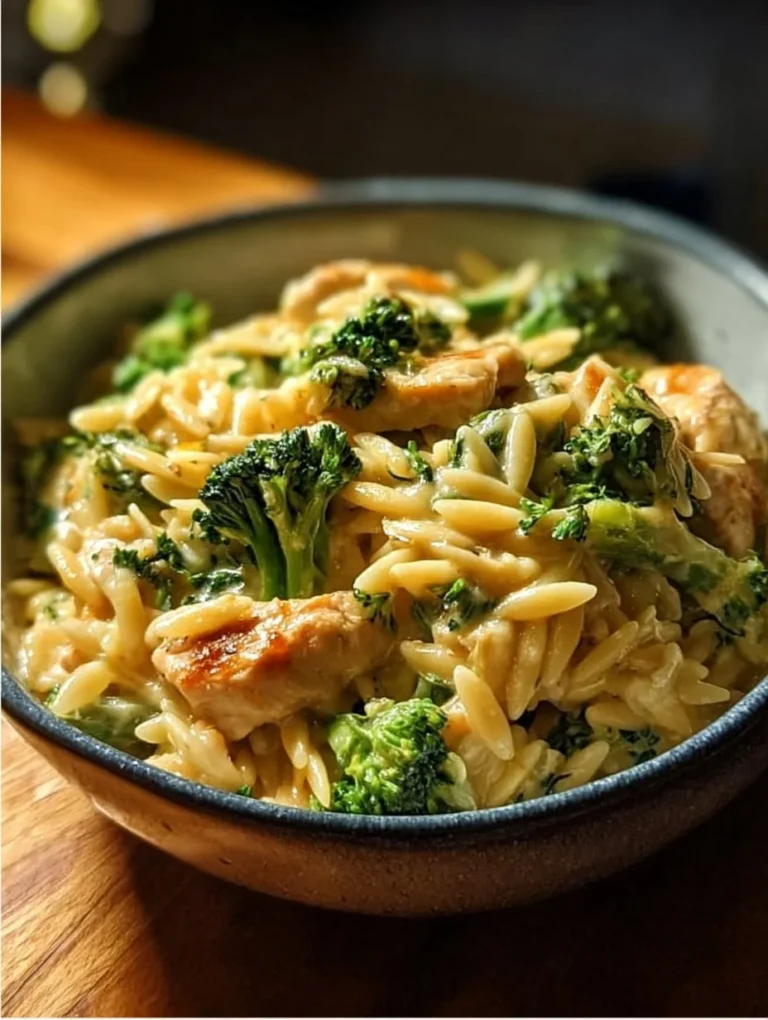 Creamy chicken and broccoli orzo served in a bowl garnished with parsley