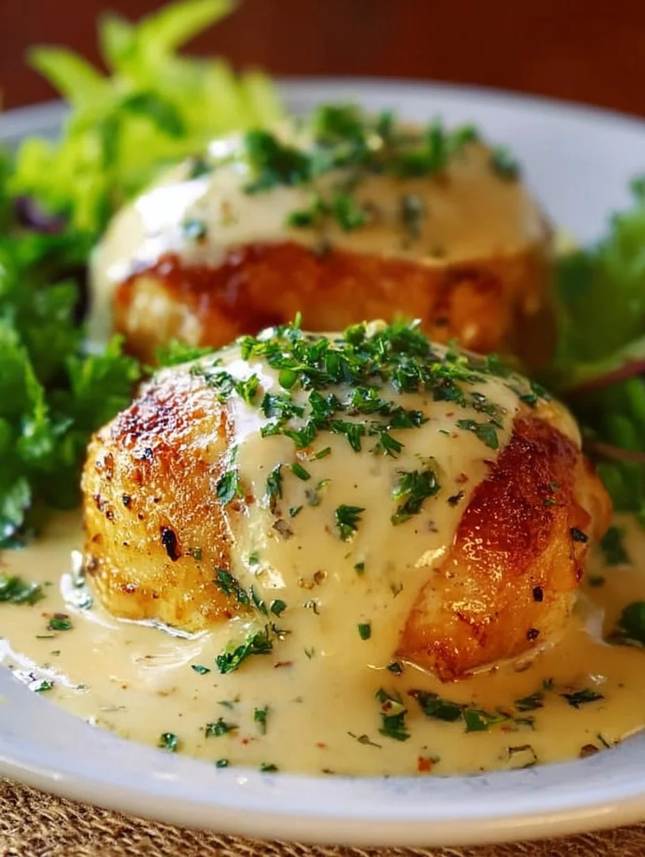 Plate of creamy chicken pillows topped with Parmesan sauce