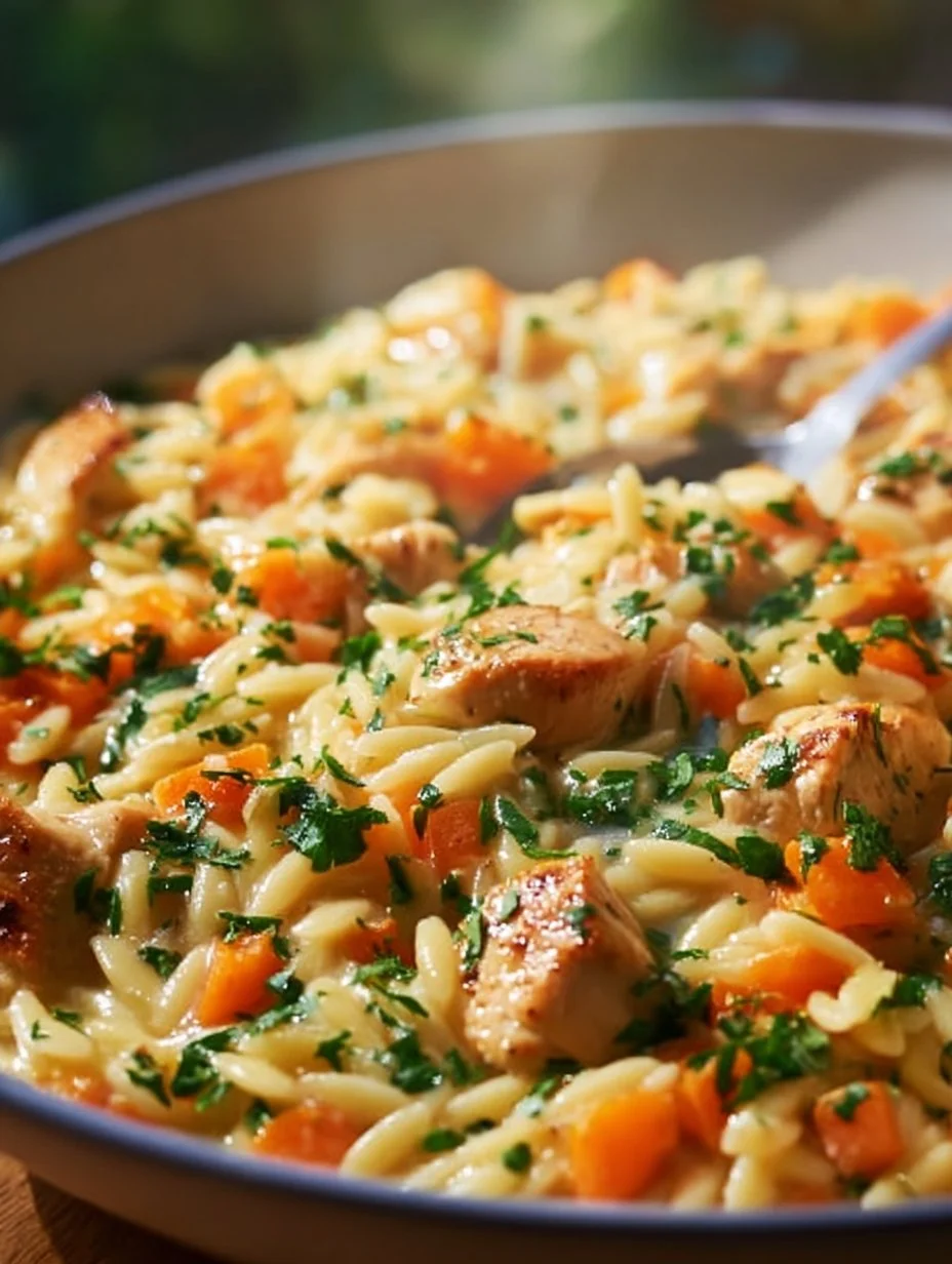 Creamy chicken pot pie orzo served in a bowl with vegetables and herbs