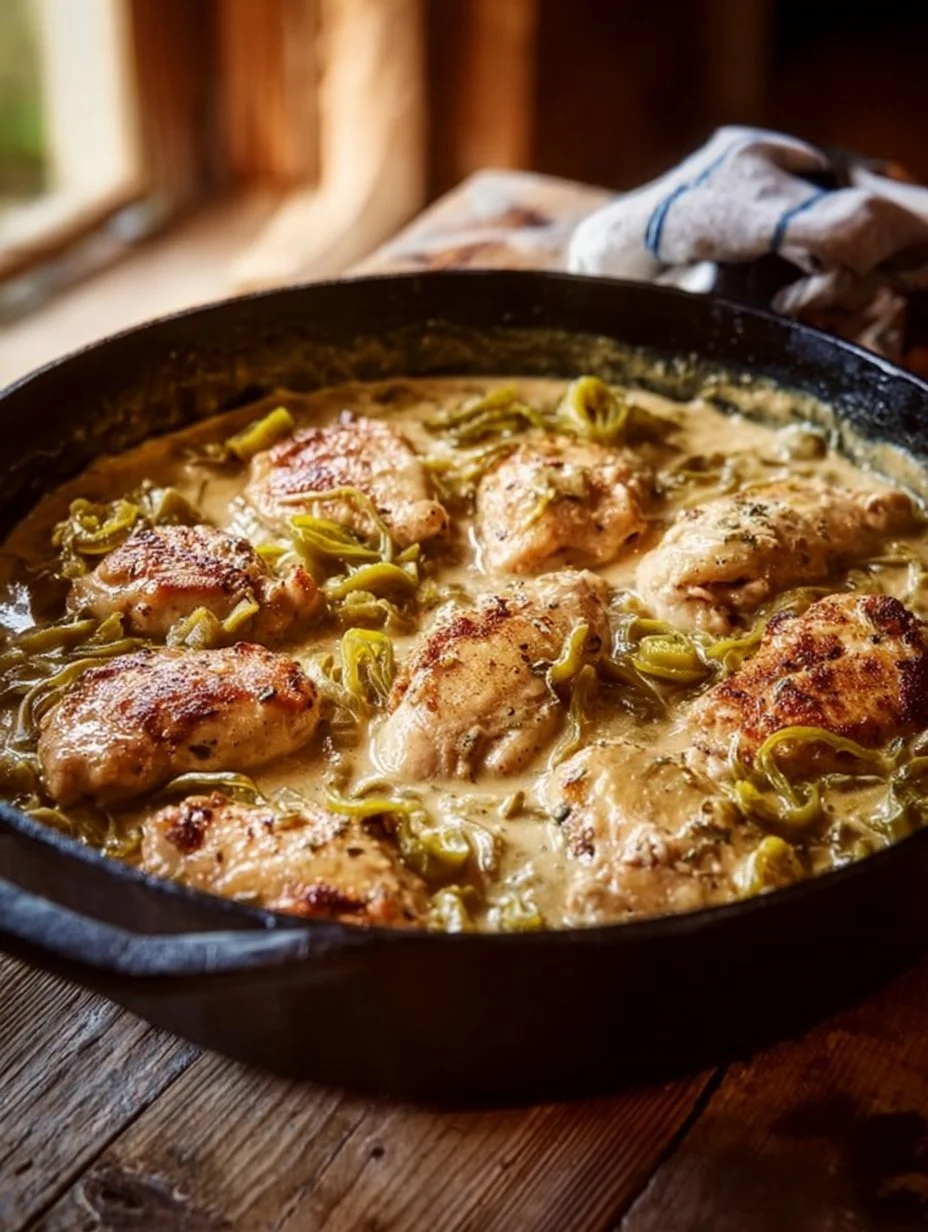 Creamy pepperoncini chicken skillet dish with sliced peppers and herbs