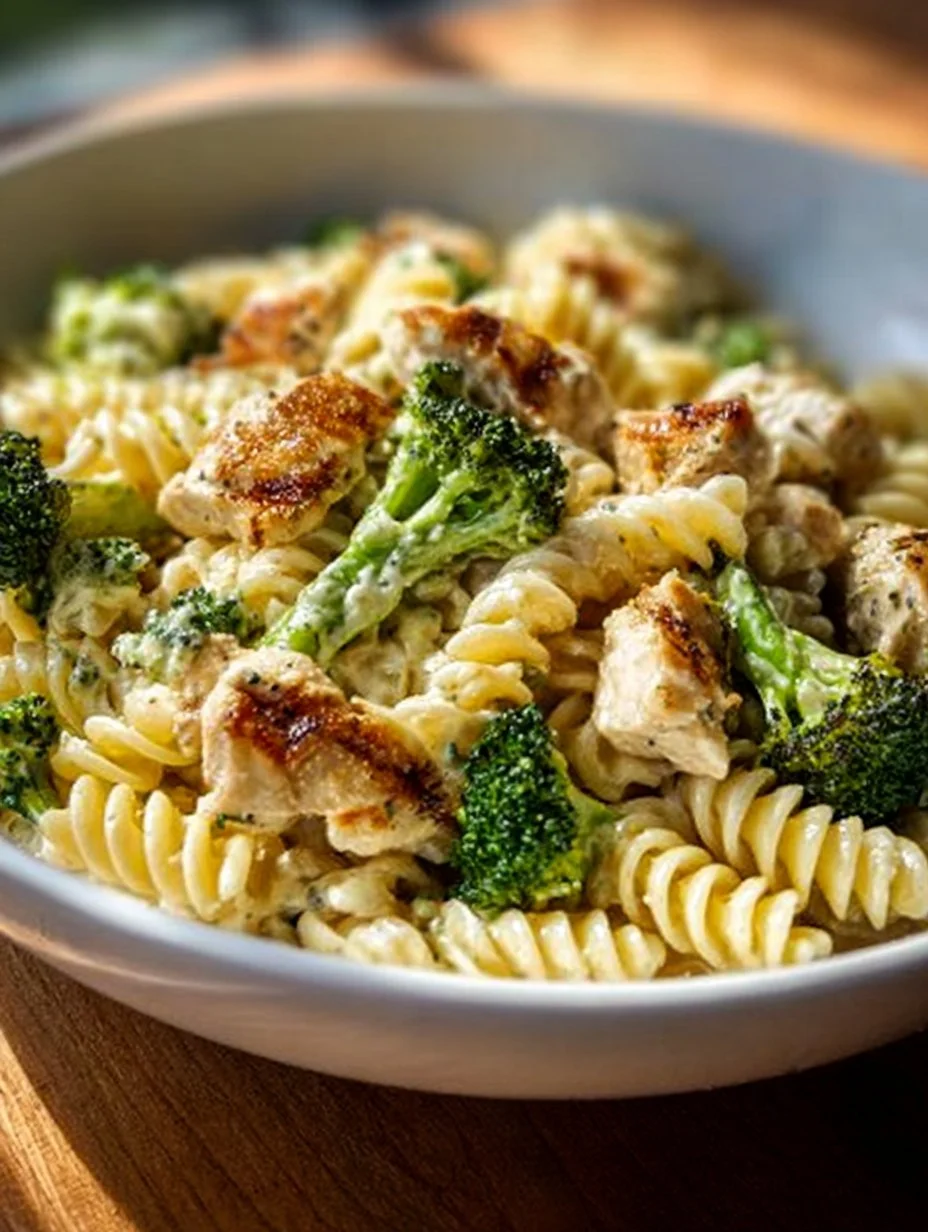 Creamy rotisserie chicken broccoli pasta dish served in a bowl
