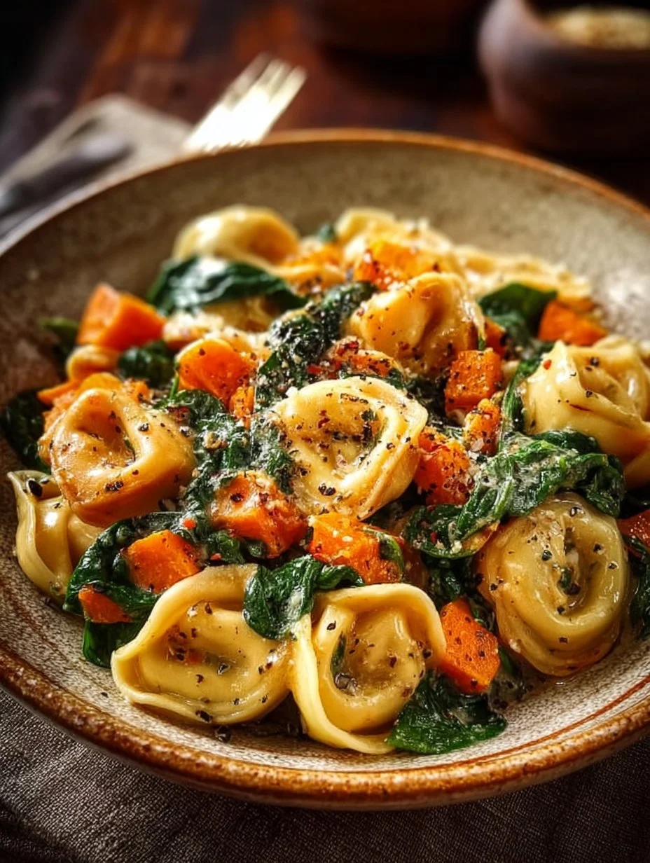Creamy skillet tortellini with sweet potato and spinach in a pan.