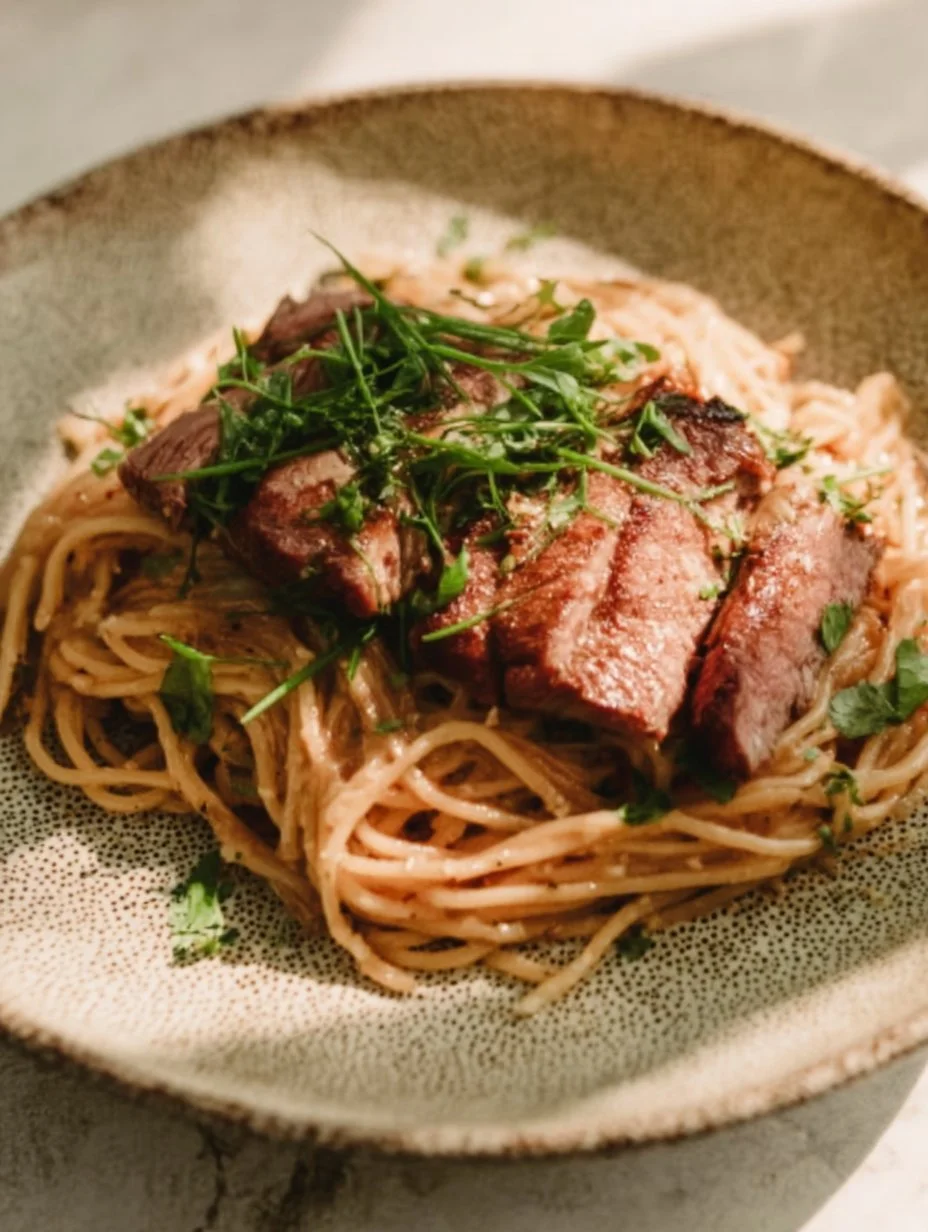 Creamy steak pasta with dairy-free Alfredo sauce served in a bowl.
