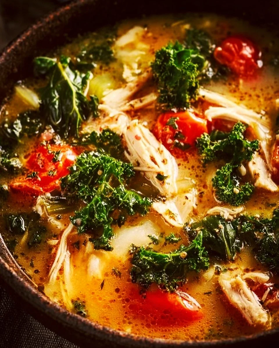 Bowl of creamy Tuscan chicken soup garnished with herbs and vegetables