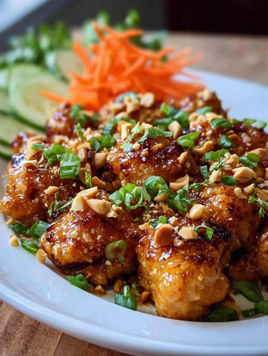 Crispy air fryer peanut chicken served on a plate with garnish