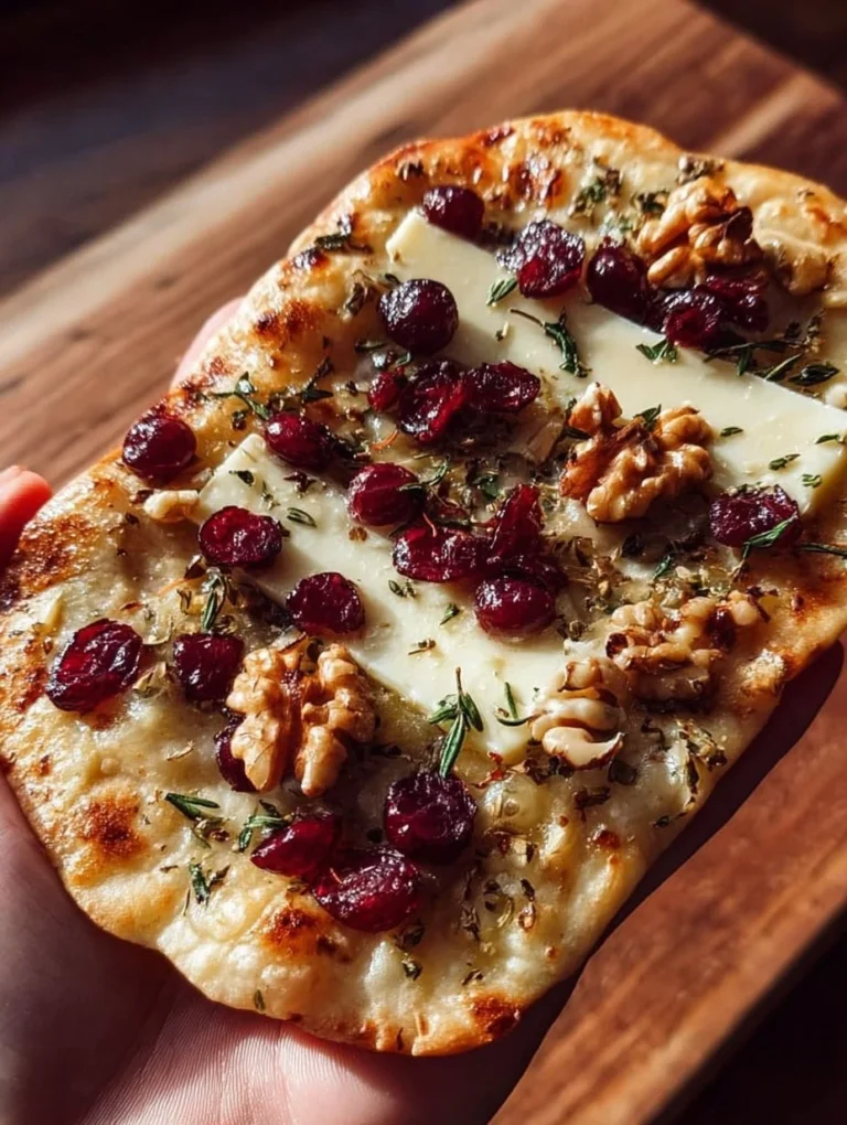 Crispy flatbread topped with brie, cranberries, walnuts, and drizzled with maple syrup.