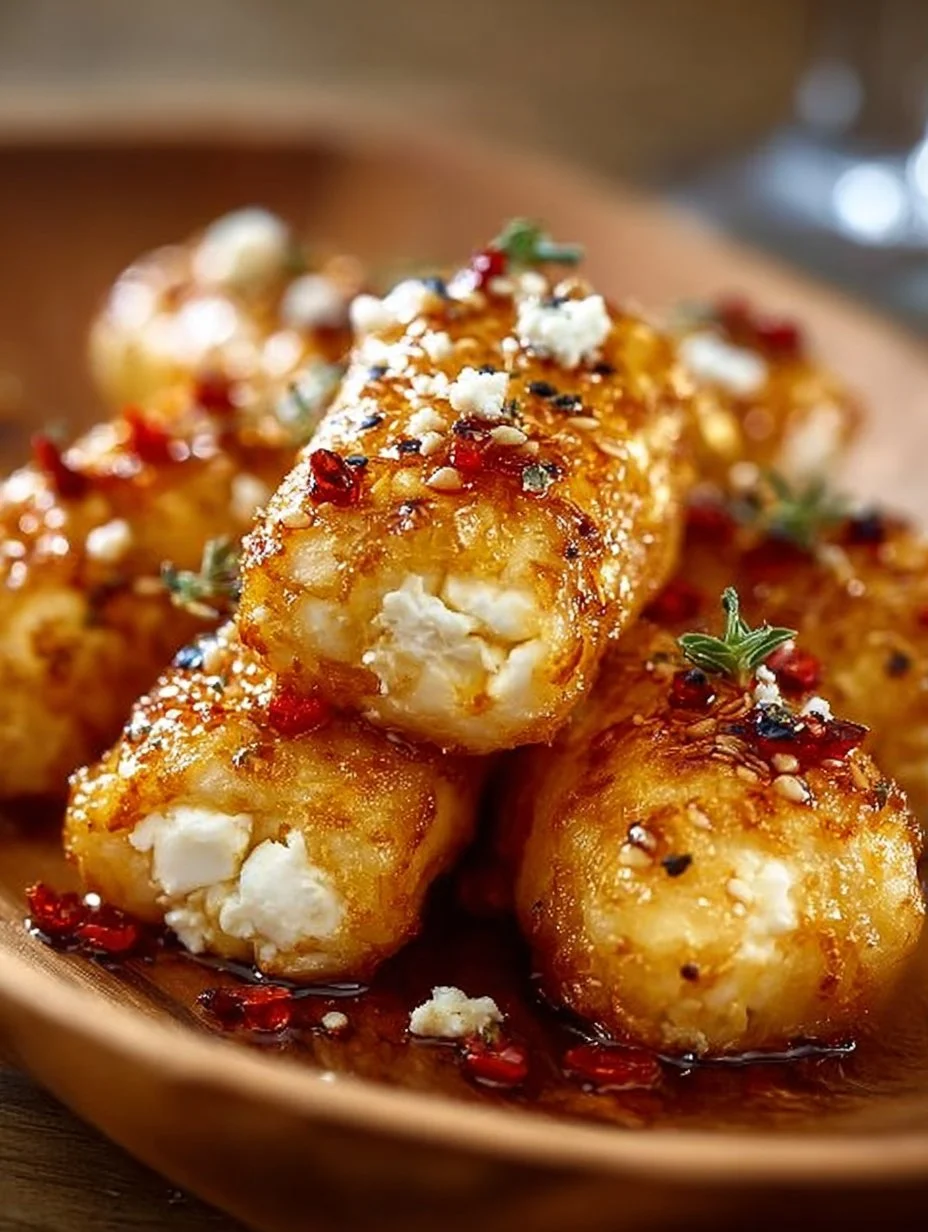 Crispy oven fried feta rolls garnished with herbs.