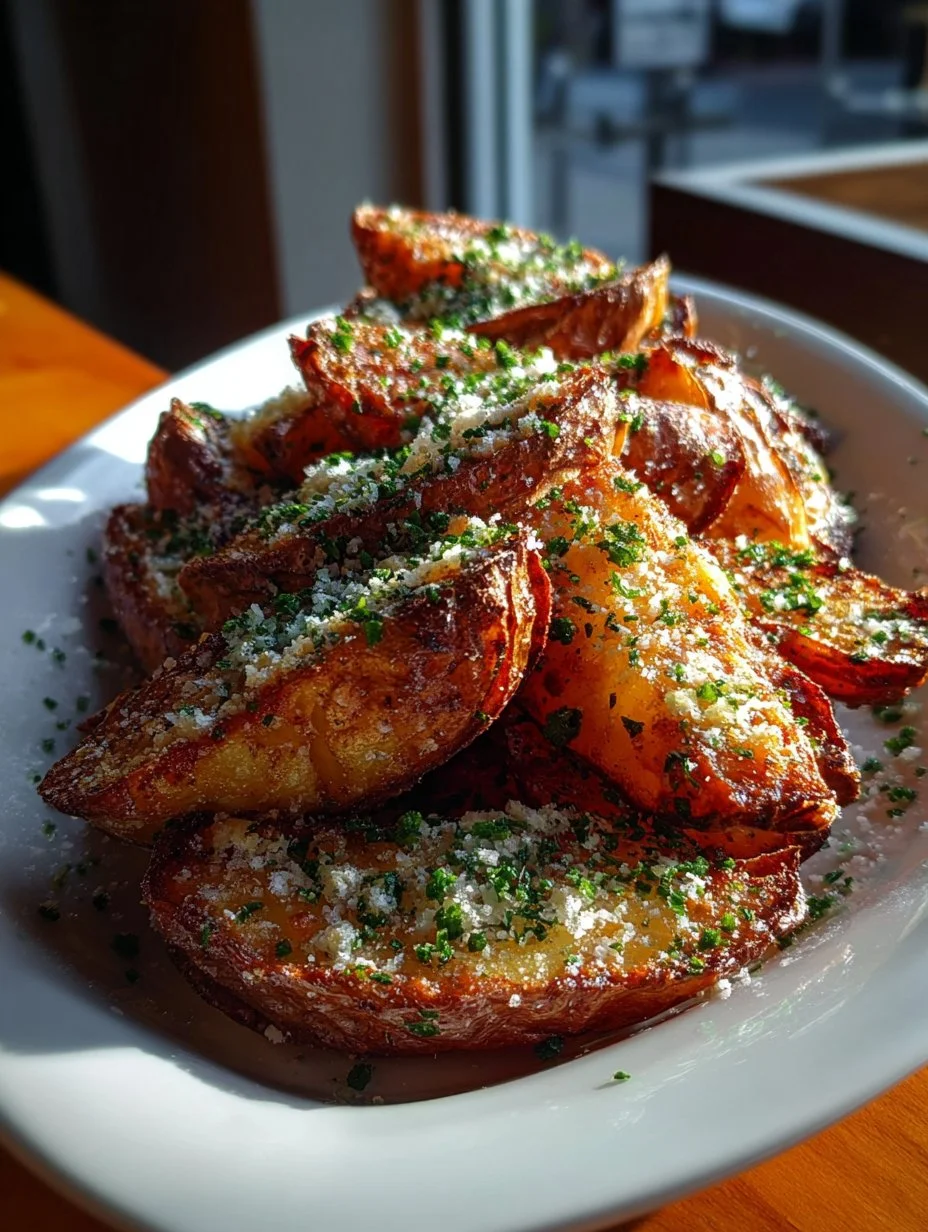 Crispy Parmesan potato wedges served in a bowl, garnished with herbs.