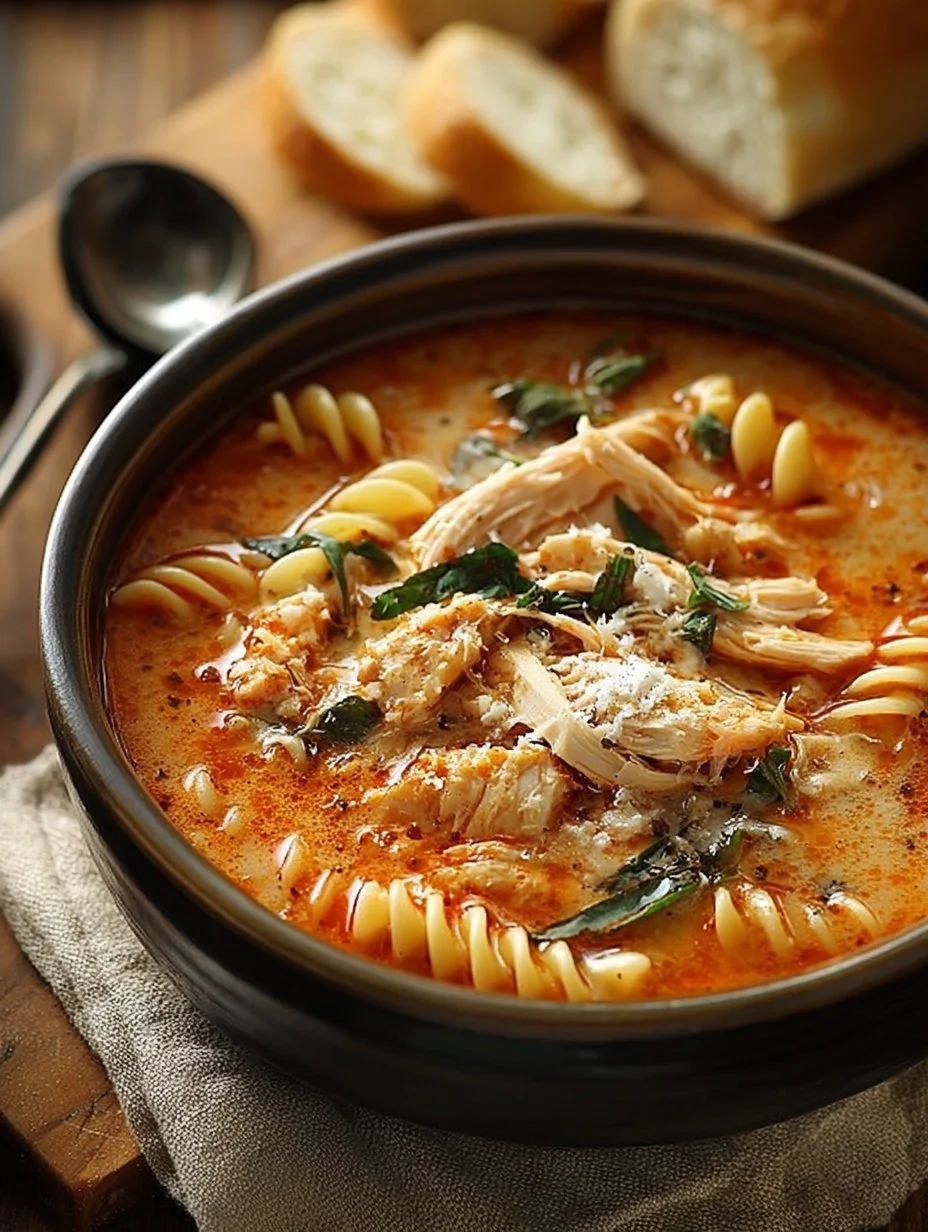 Bowl of Crockpot Chicken Parmesan Soup garnished with herbs and cheese
