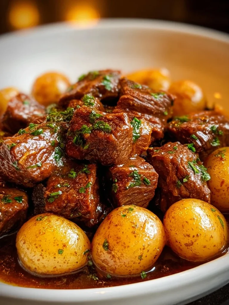 Delicious crockpot garlic butter beef bites with potatoes in a savory sauce.