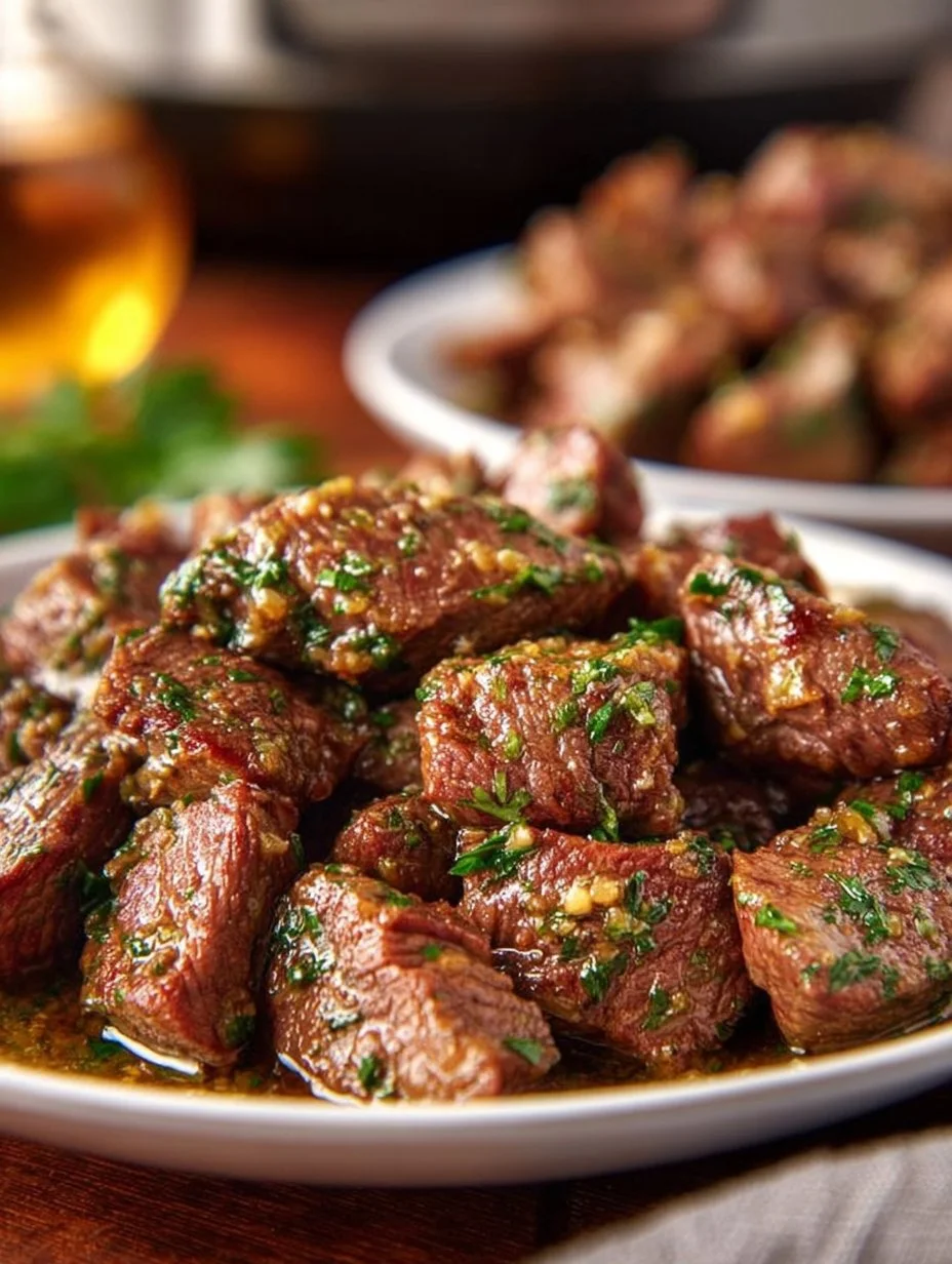 Crockpot Garlic Butter Steak Bites garnished with herbs on a plate