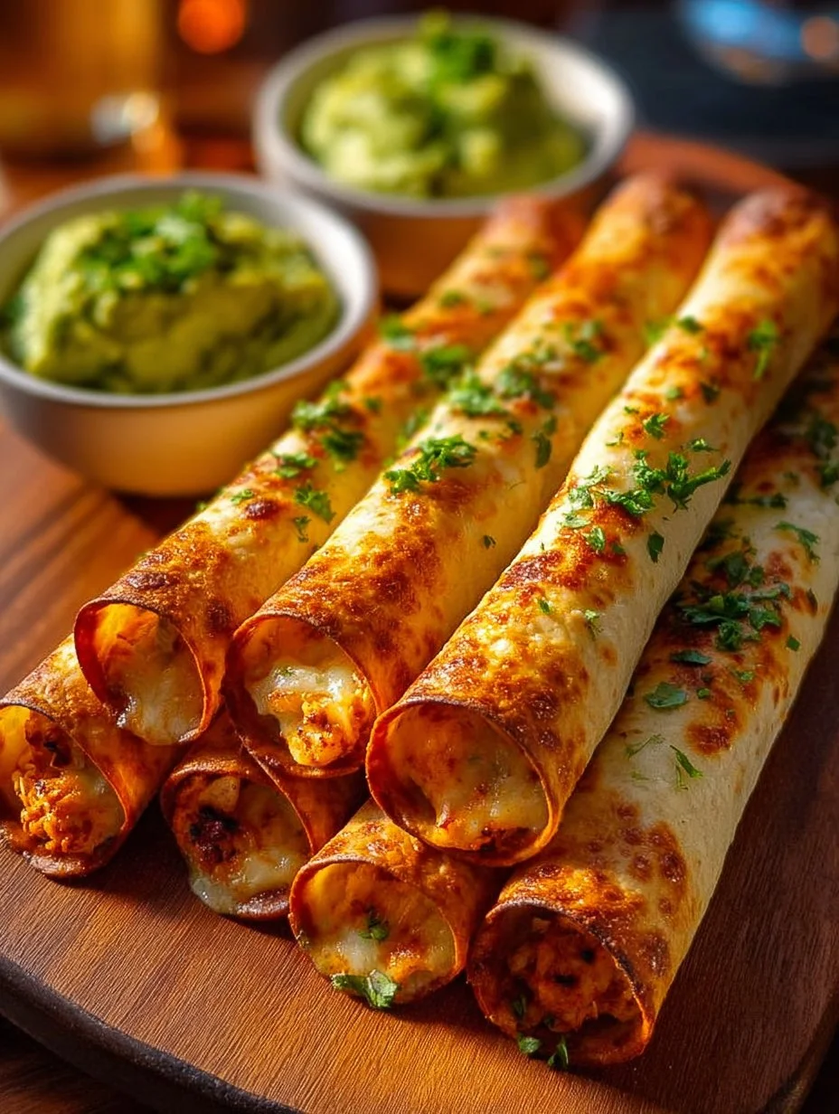 Crunchy oven-baked chicken taquitos on a plate garnished with salsa