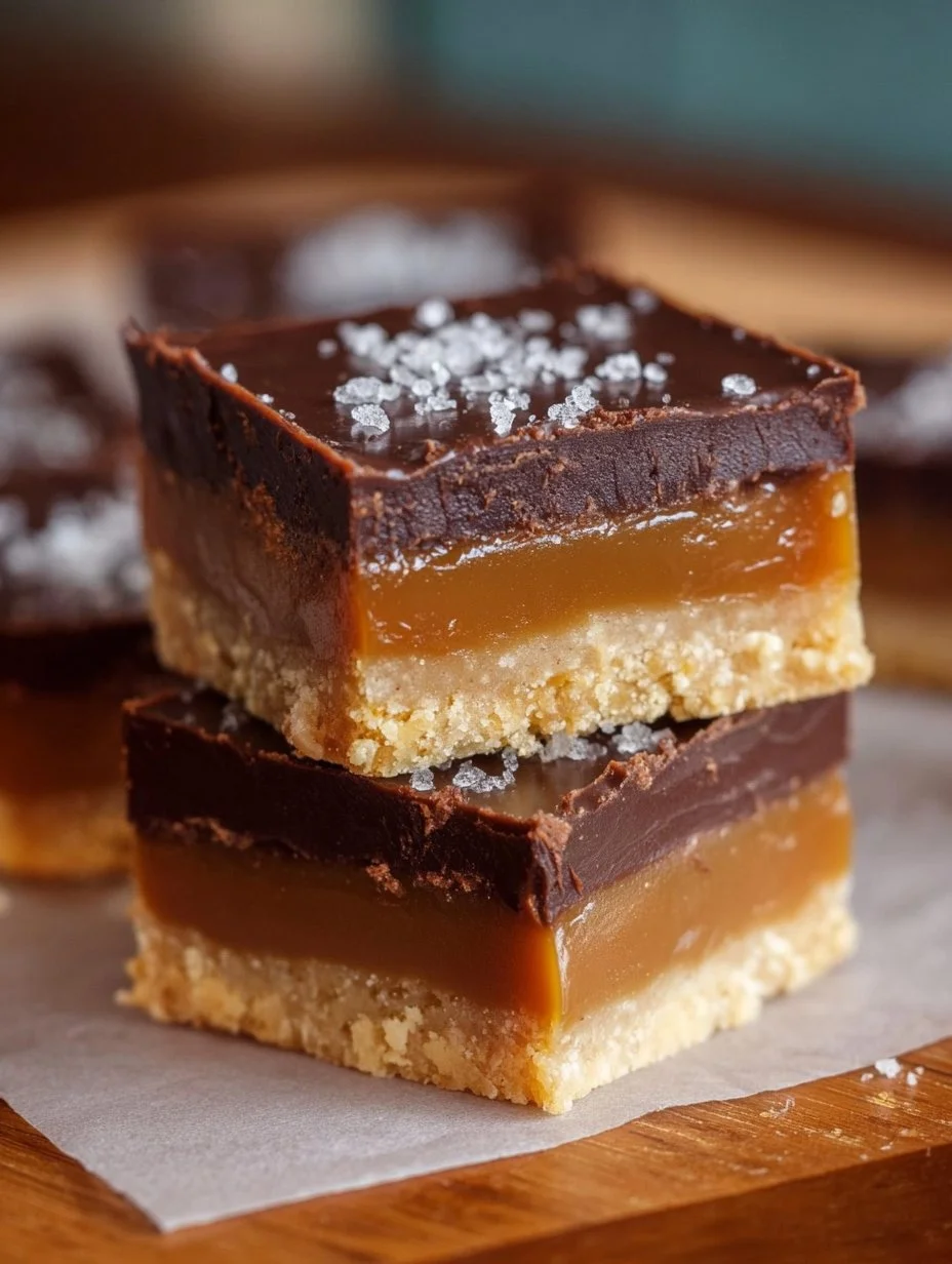 Delicious double chocolate caramel slice dessert with layers of chocolate and caramel