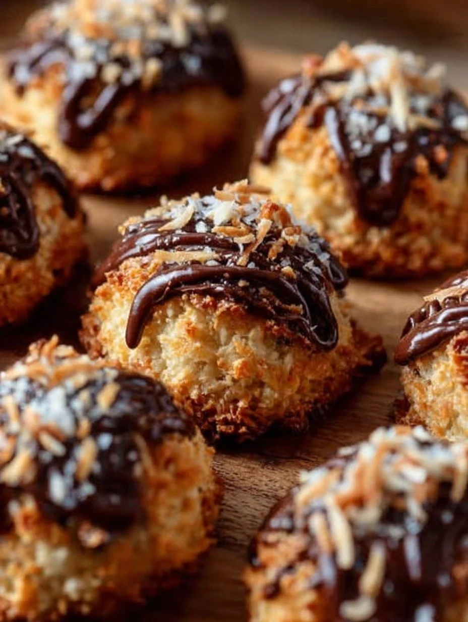 Easy 3-ingredient Samoa Cookies topped with chocolate and coconut.
