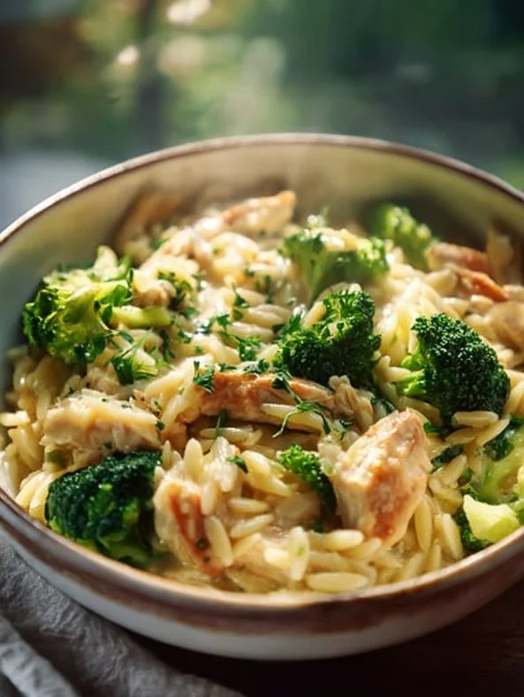 Easy Creamy Chicken and Broccoli Orzo in a bowl, ready to serve.