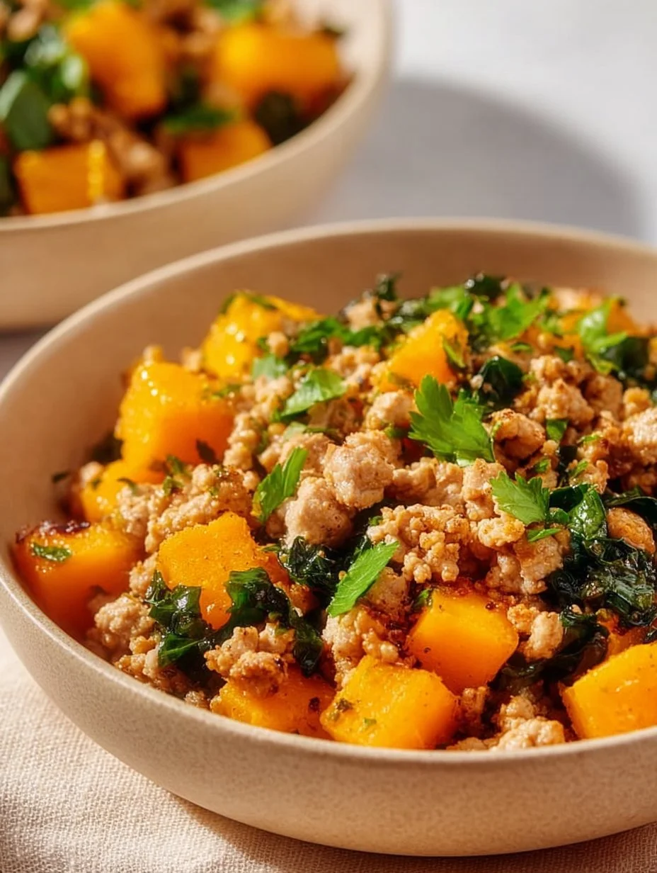 Easy roasted butternut squash dish with ground turkey on a plate.