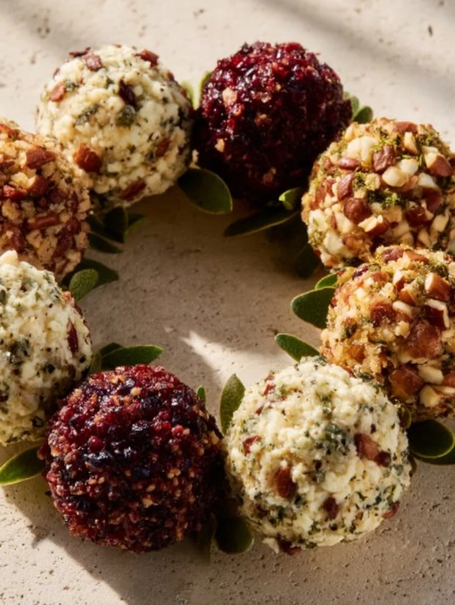 Festive cheese ball wreath displayed on a platter for holiday entertaining