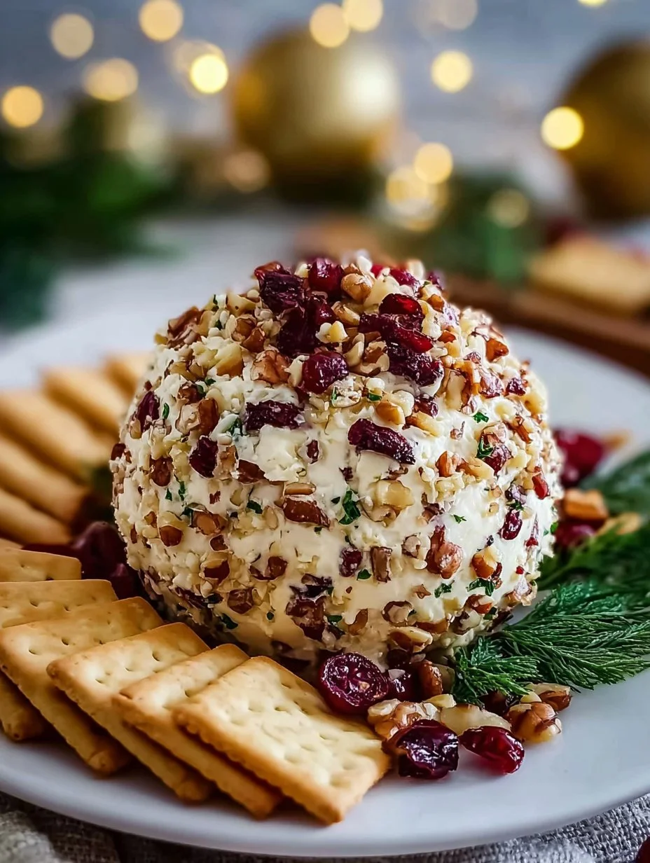 Festive cream cheese ball garnished with cranberries and nuts for holiday parties