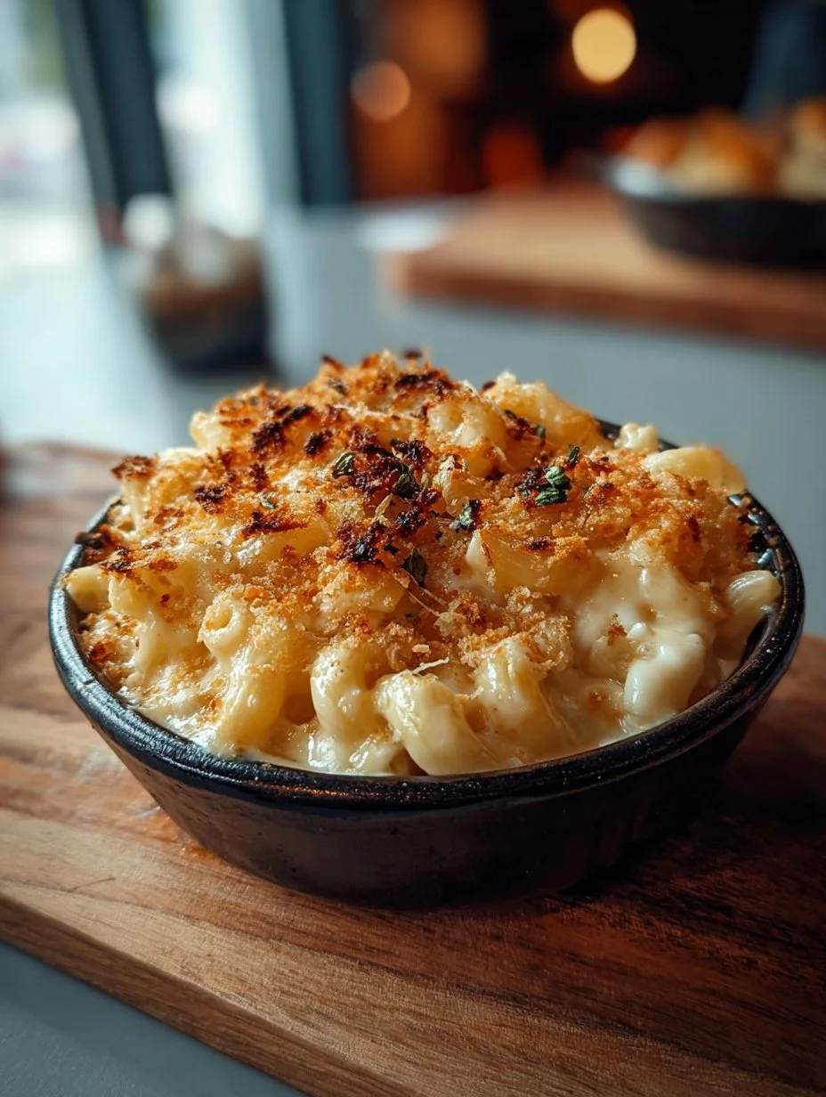 Bowl of French onion soup mac and cheese topped with melted cheese and crispy onions