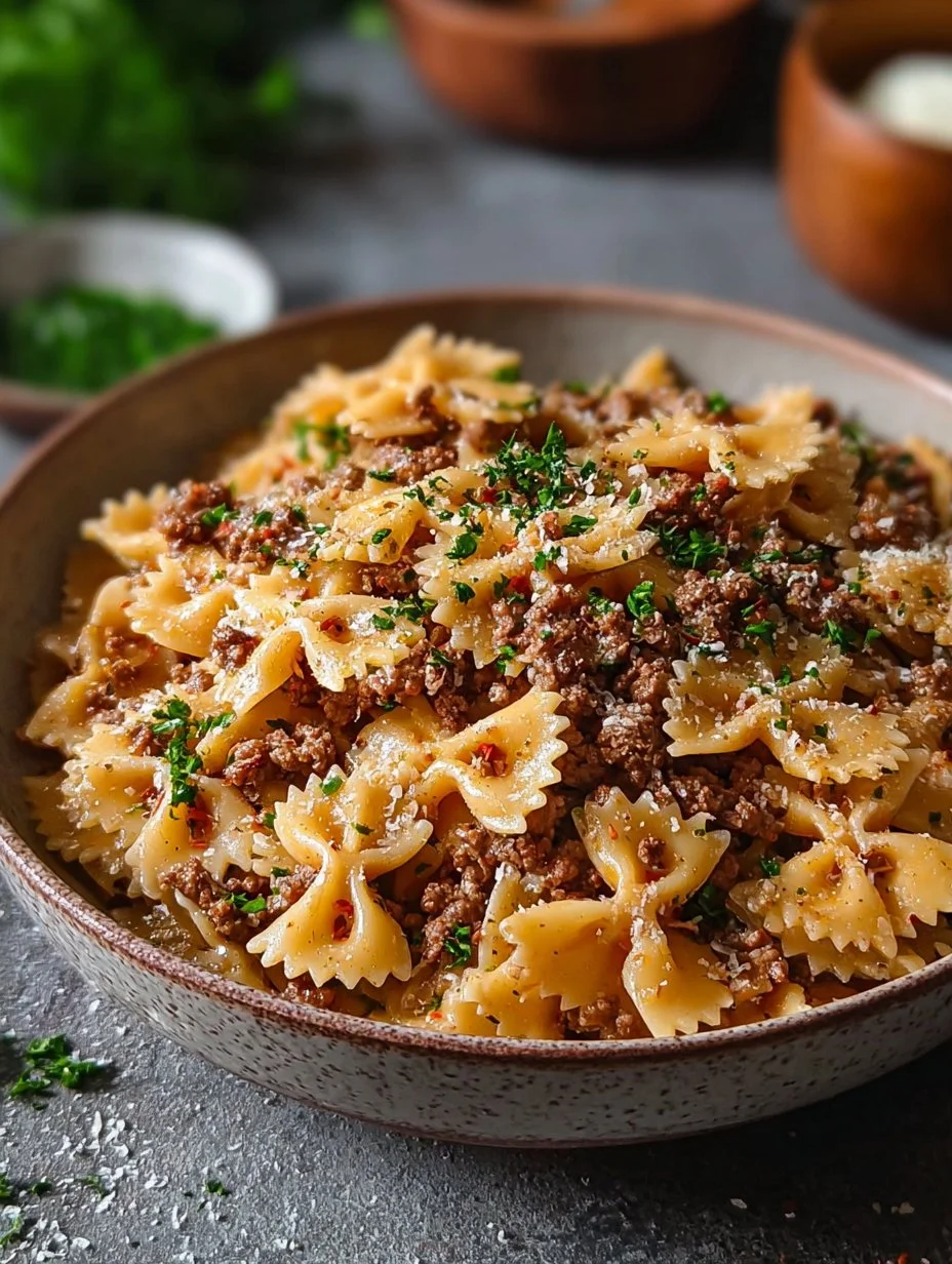 Garlic Butter Bowtie Pasta with Beef served in a bowl, garnished with parsley.