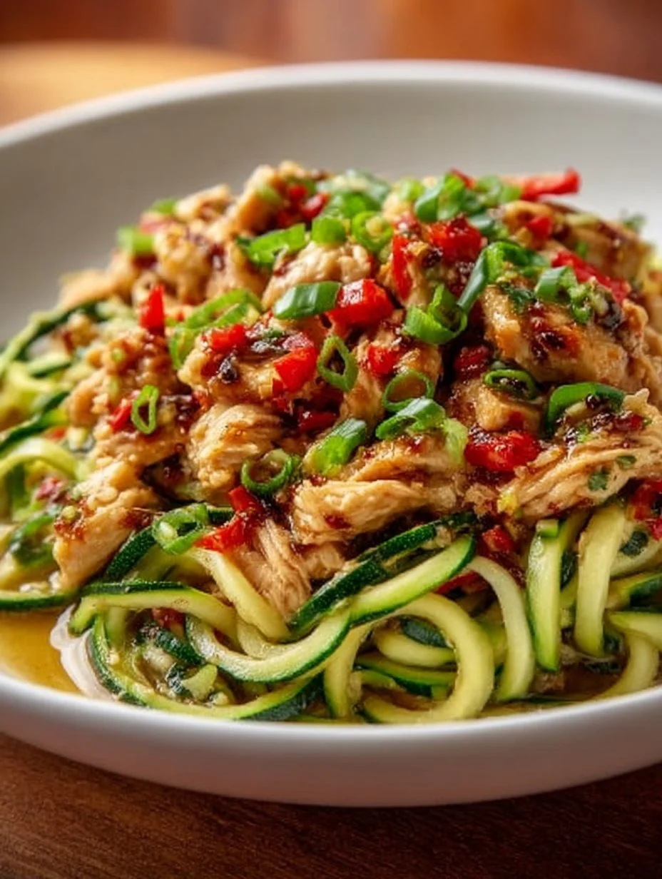 Garlic chicken stir fry with zucchini noodles garnished with herbs