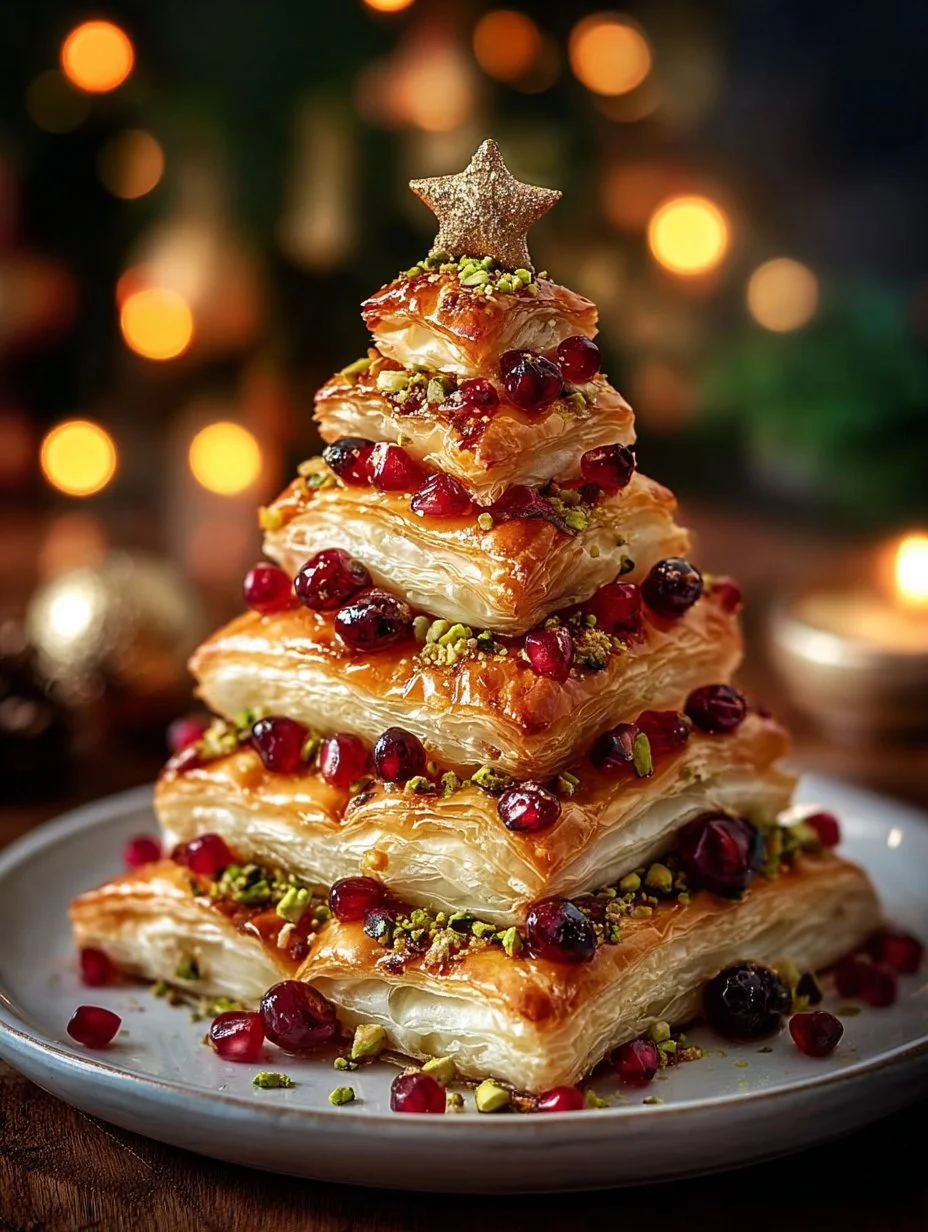 Golden Christmas tree made of Brie-Stuffed Cranberry Puff Pastry