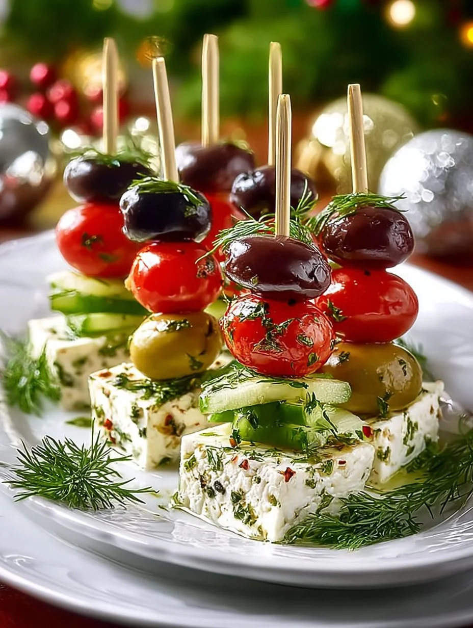 Greek feta and cucumber bite skewers served on a platter