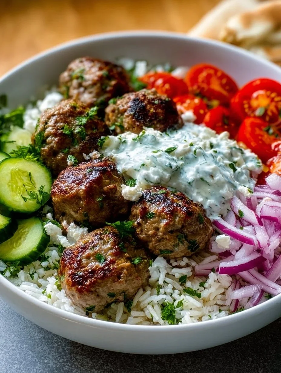 Greek Meatball Bowl served with Tzatziki, rice, and fresh vegetables