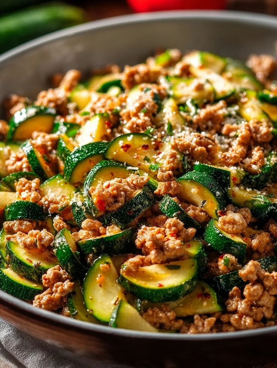Ground Turkey and Zucchini Skillet in a frying pan with fresh vegetables