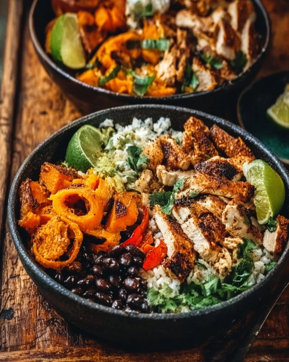 Healthy chicken and sweet potato rice bowl with colorful veggies.