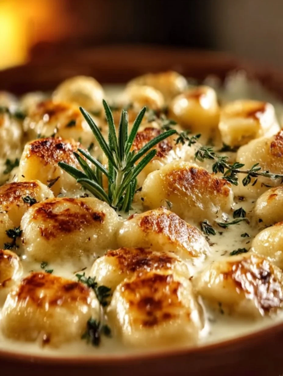 Heavenly millionaire gnocchi topped with a creamy sauce in a white bowl