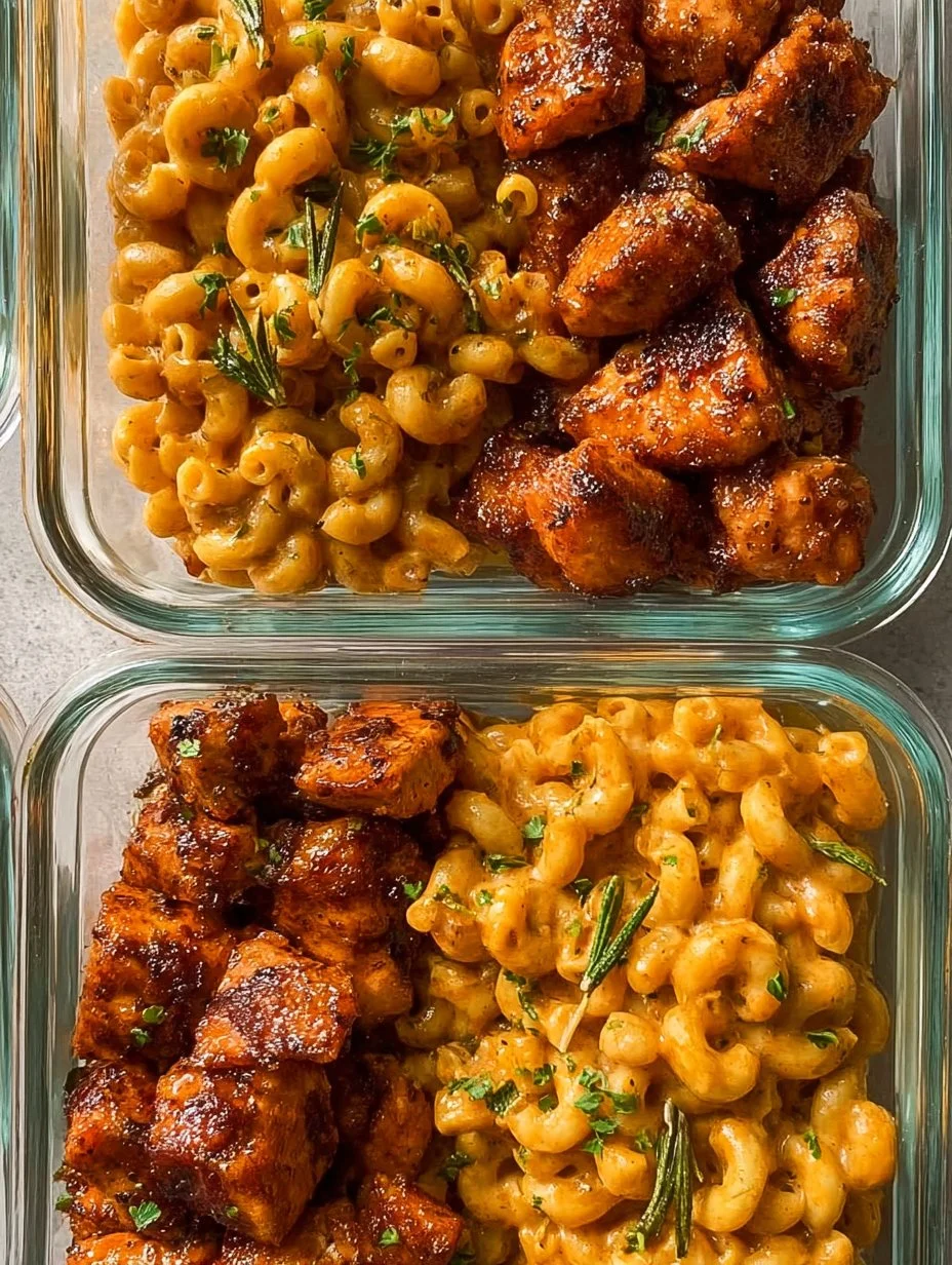 Plate of high-protein honey garlic butter chicken with creamy mac and cheese