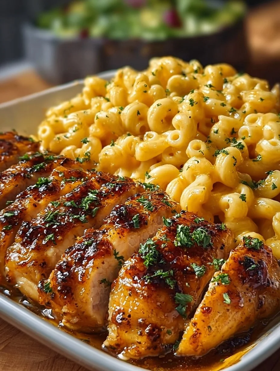 High-protein honey garlic butter chicken with creamy mac and cheese dish