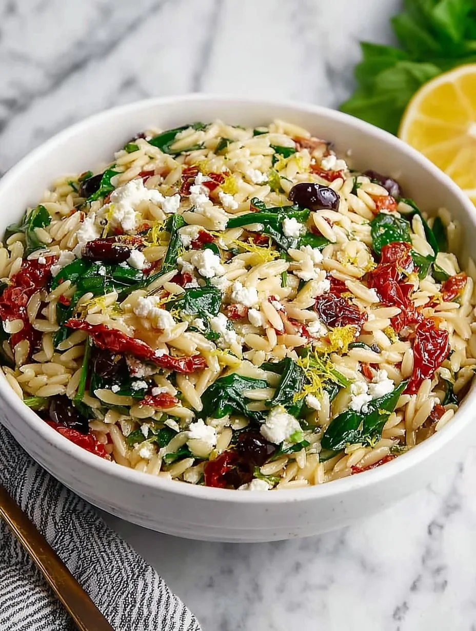 Homemade orzo pasta salad with feta cheese and sun dried tomatoes