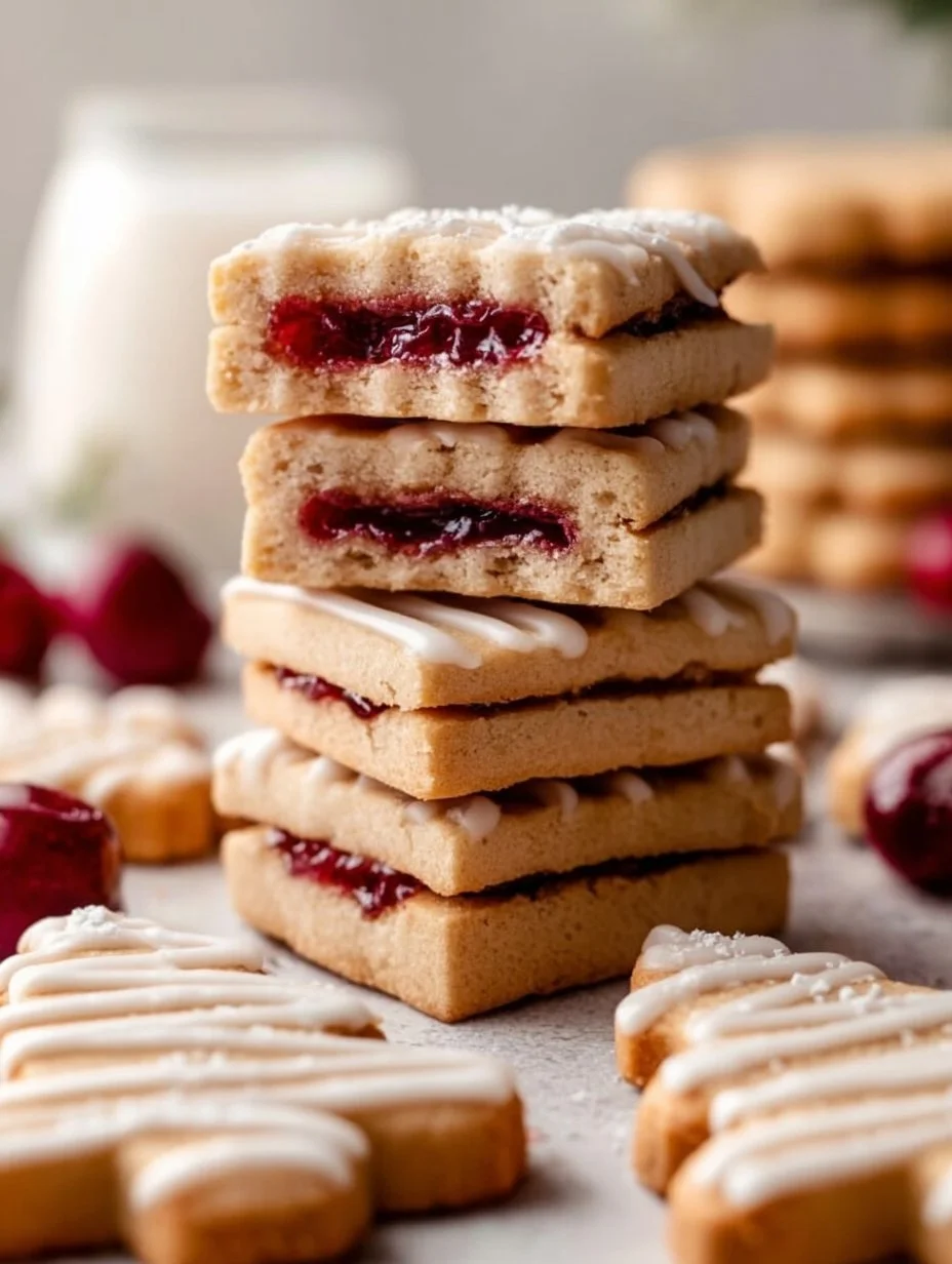 Iced Cherry Almond Linzer Cookies on a plate decorated with powdered sugar