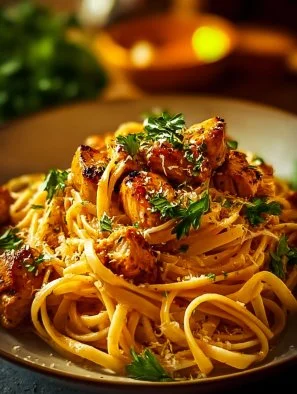 Plate of Cowboy Butter Chicken Linguine garnished with herbs, showcasing vibrant colors and textures.