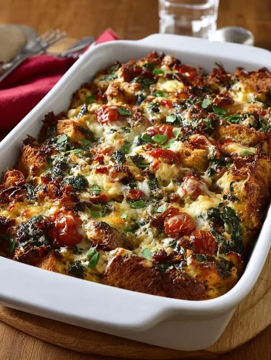 Italian Breakfast Strata with layered bread, cheese, and vegetables