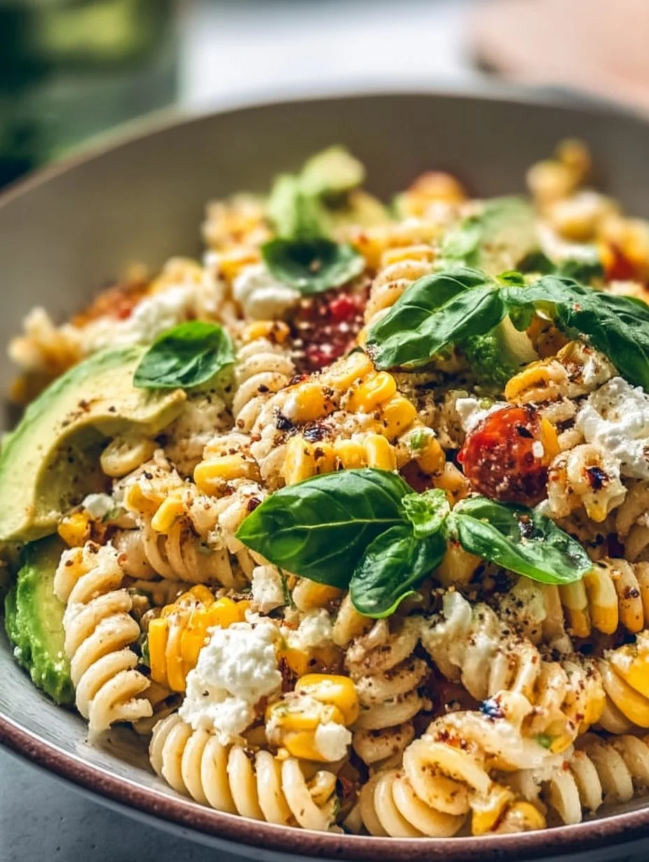 Juicy Street Corn Pasta Salad with vibrant vegetables and creamy dressing