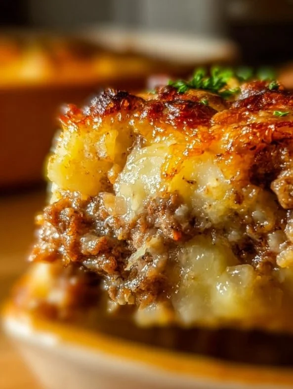 Loaded Potato Meatloaf Casserole topped with cheese and fresh herbs