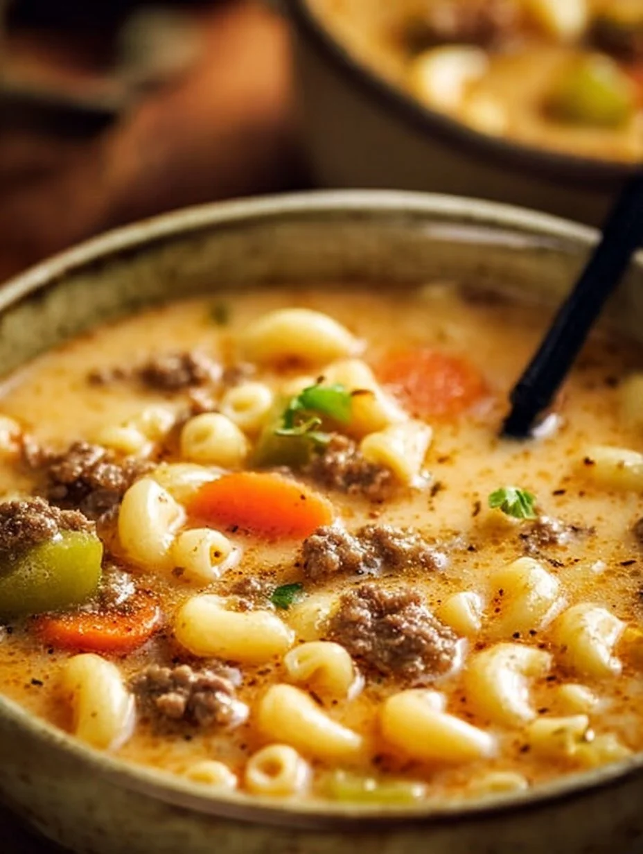 Bowl of creamy Macaroni Cheeseburger Soup garnished with cheese and parsley.
